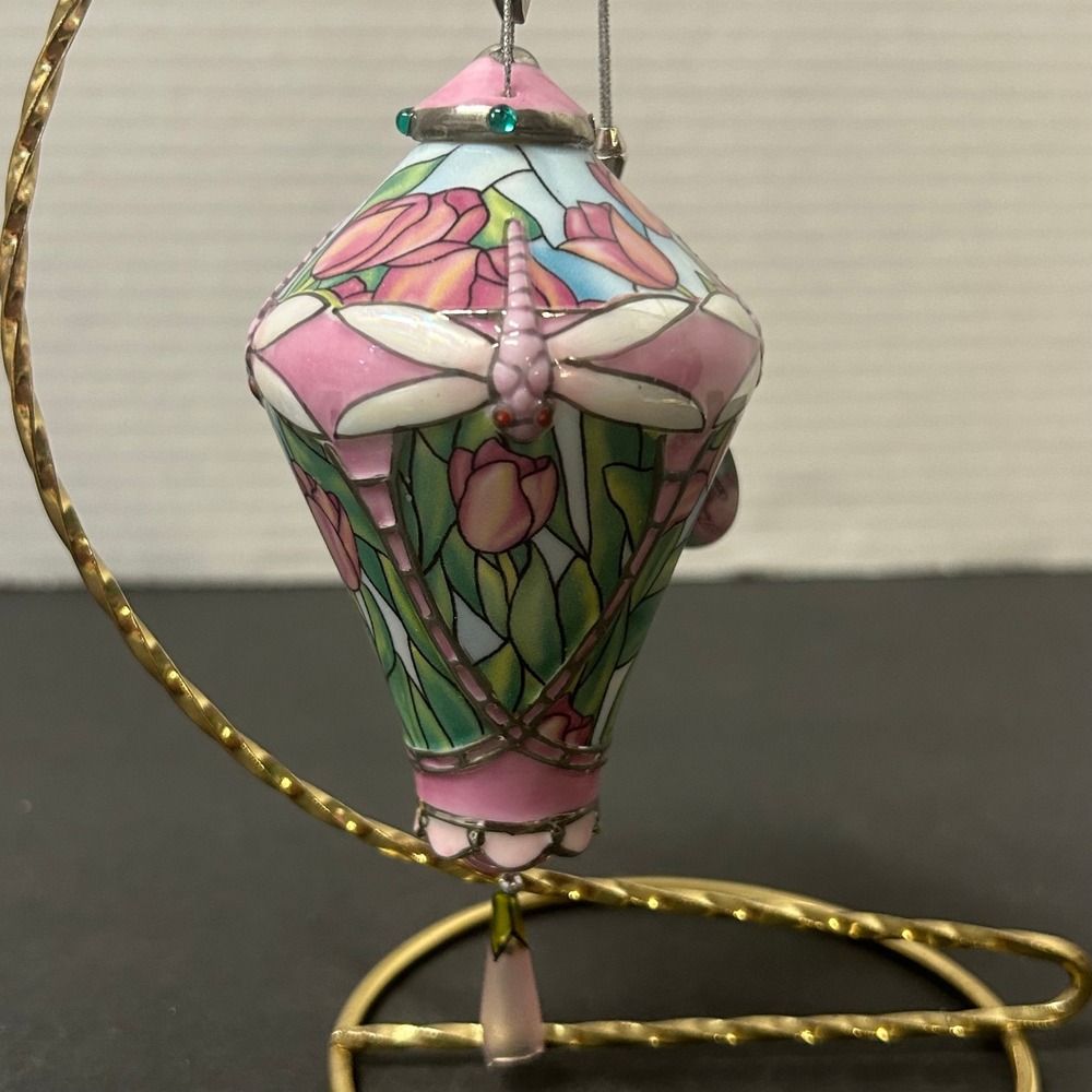 Bradford‎ Editions Tulip Dragonfly Ornament Pink Green Era of Louis Tiffany 2001